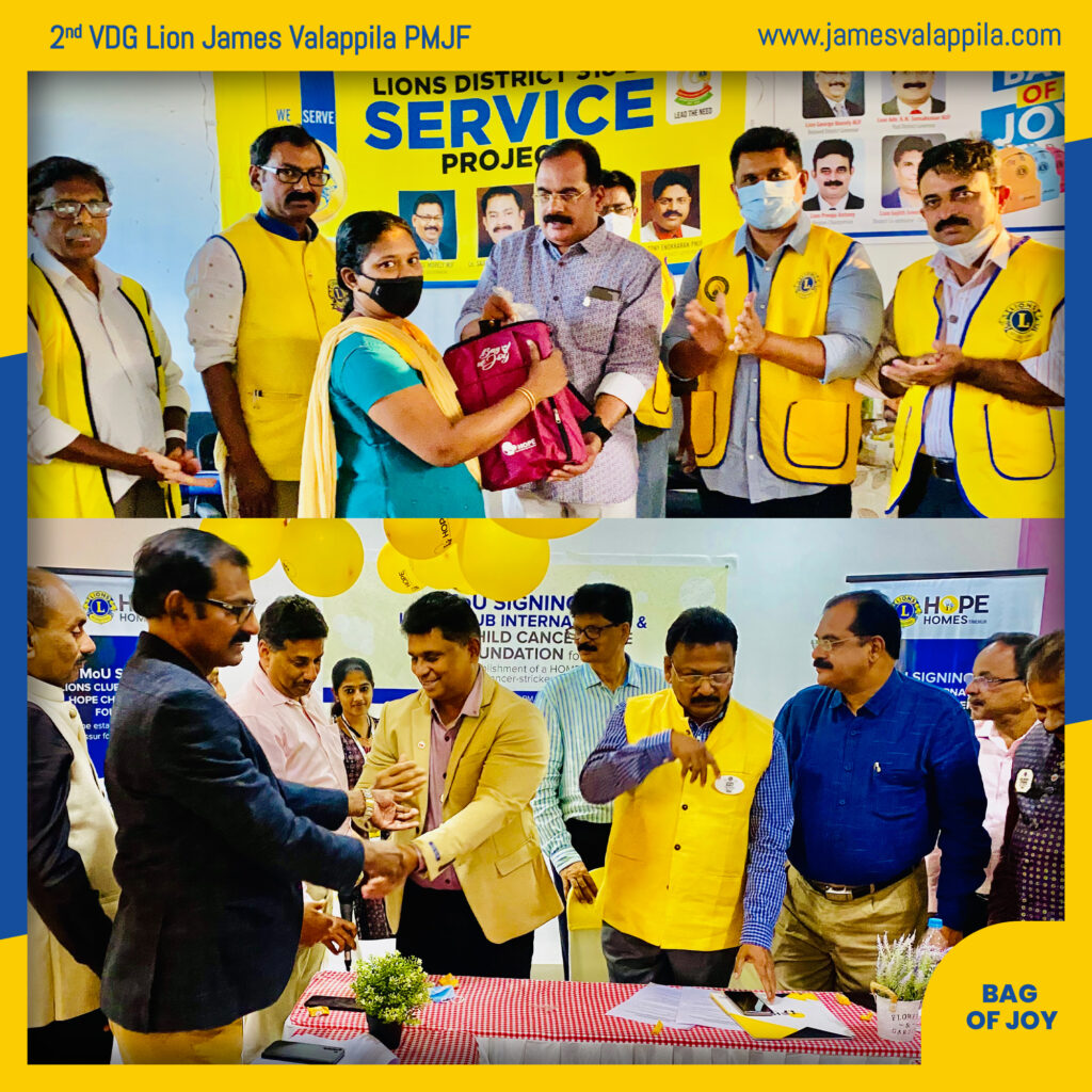 Photo of Lions 1st VDG Lion James Valappila PMJF at Bag of Joy, a service project run by Lions Club International, Lions club Thrissur.Lions club project,
Lions Club India, Lions Club International, Lion Club Kerala.Featured by www.jamesvalappila.com and authored by Lion James Valappila PMJF