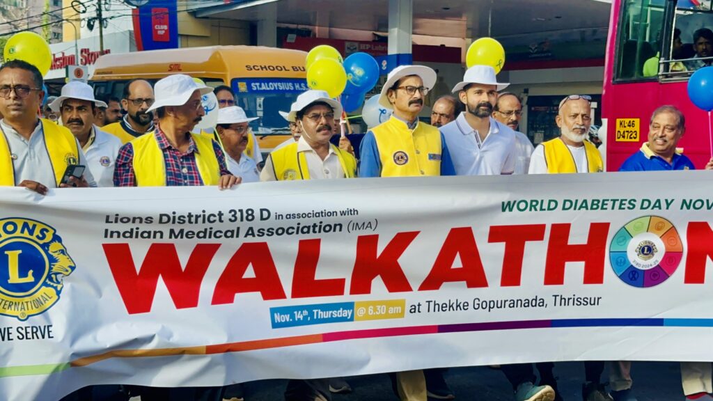 image of The lions club Walkathon international in association with indian medical association (ima) organised "Walkathon" on world diabetes day as part of lions diabetics project . Led by lion district governor james valappila, pmjf. lions club projects