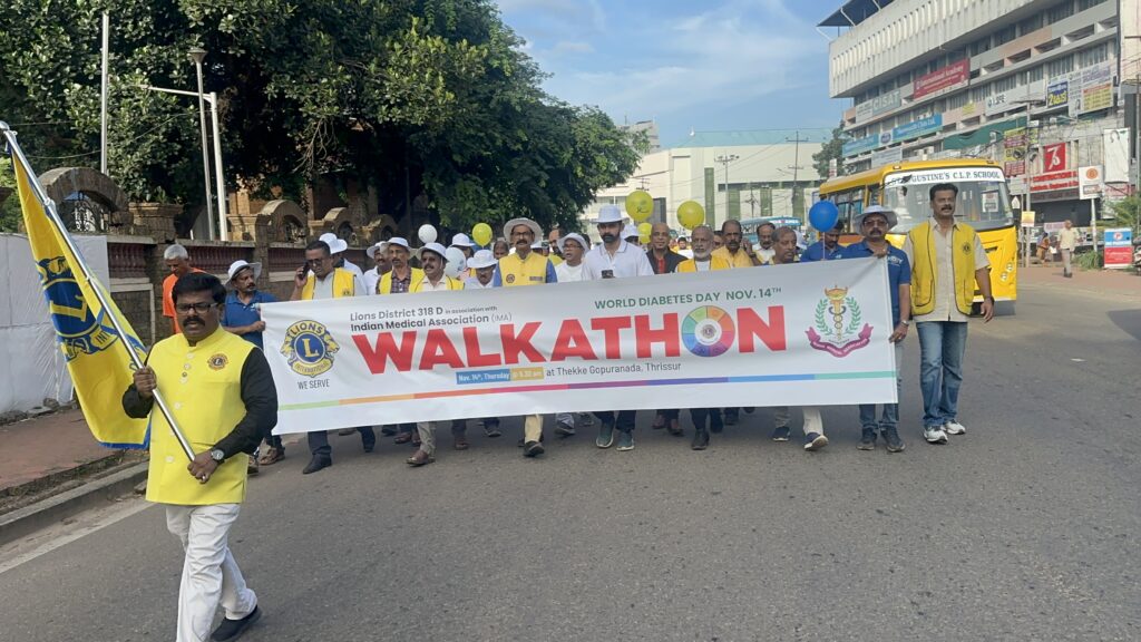 image of The lions club Walkathon international in association with indian medical association (ima) organised "Walkathon" on world diabetes day as part of lions diabetics project . Led by lion district governor james valappila, pmjf. lions club projects
